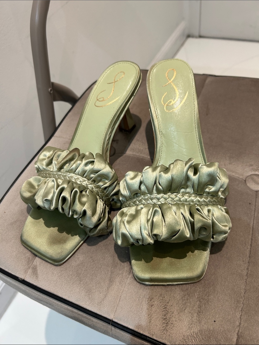 Satin Ruffle Braided Strap Mules in Sage Green